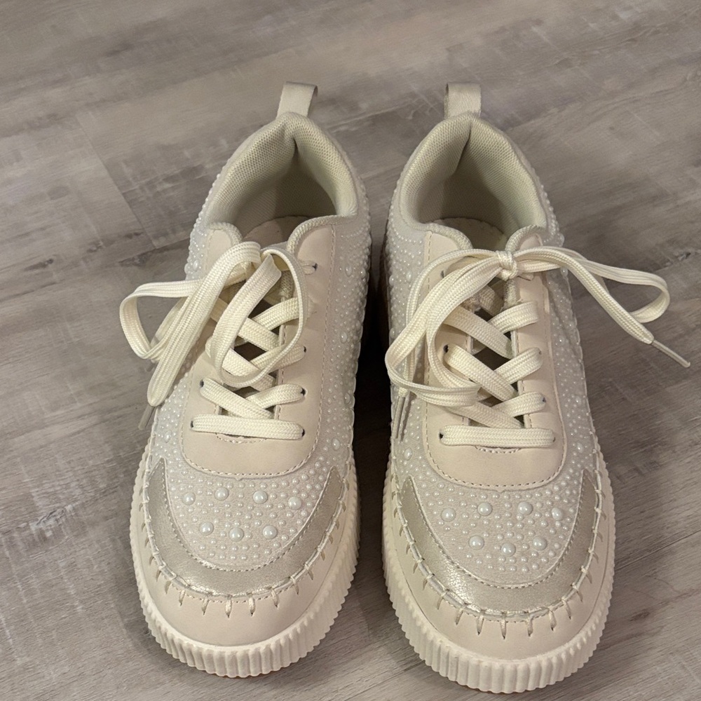Nicole Miller Cream Beaded Sneakers